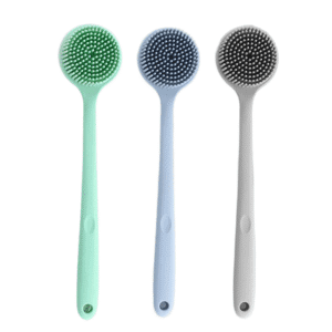 Bath brush with long handle featuring exfoliating, massaging silicone bristles for effective shower cleaning.