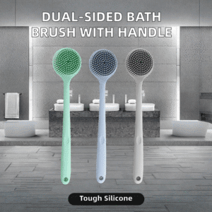 Bath brush with long handle featuring exfoliating, massaging silicone bristles for effective shower cleaning.