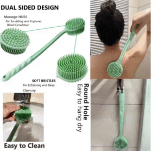 Bath brush with long handle featuring exfoliating, massaging silicone bristles for effective shower cleaning.