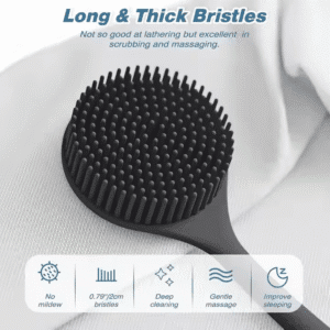 Bath brush with long handle featuring exfoliating, massaging silicone bristles for effective shower cleaning.