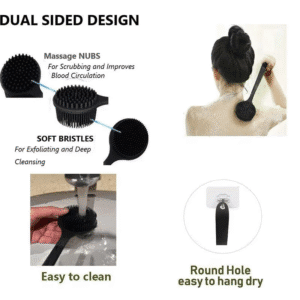 Bath brush with long handle featuring exfoliating, massaging silicone bristles for effective shower cleaning.