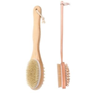 Long-handled shower brush made of natural wood with a soft natural bristle dry brush surface and massage nodes for removing dead skin.
