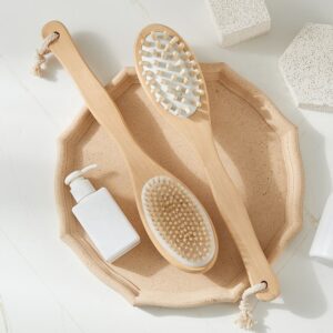 Long-handled shower brush made of natural wood with a soft natural bristle dry brush surface and massage nodes for removing dead skin.