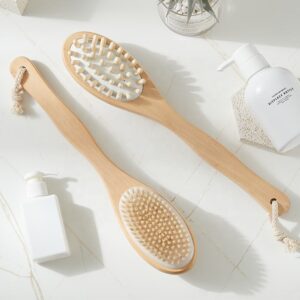 Long-handled shower brush made of natural wood with a soft natural bristle dry brush surface and massage nodes for removing dead skin.