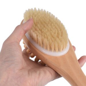 Long-handled shower brush made of natural wood with a soft natural bristle dry brush surface and massage nodes for removing dead skin.