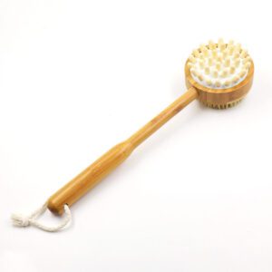 Boar bristle shower brush with a long wooden handle and dual-sided design for exfoliating and massaging during bath routines.
