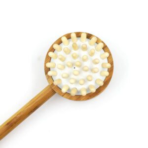 Boar bristle shower brush with a long wooden handle and dual-sided design for exfoliating and massaging during bath routines.