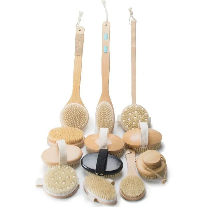 Body dry brush with soft to medium boar bristles, designed for massage and gentle exfoliation.
