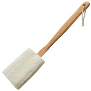 Detachable bath towel with natural loofah sponge head and wooden handle, designed as a body scrub brush.