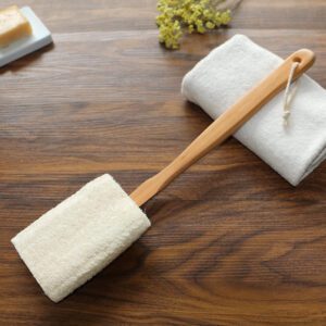 Detachable bath towel with natural loofah sponge head and wooden handle, designed as a body scrub brush.