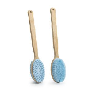 Double-sided shower brush with a long bamboo handle and soft silicone bristles for cleansing and massage.