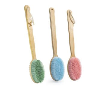 Double-sided shower brush with a long bamboo handle and soft silicone bristles for cleansing and massage.