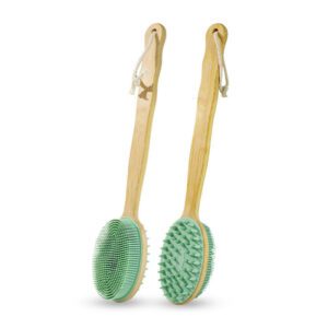 Double-sided shower brush with a long bamboo handle and soft silicone bristles for cleansing and massage.