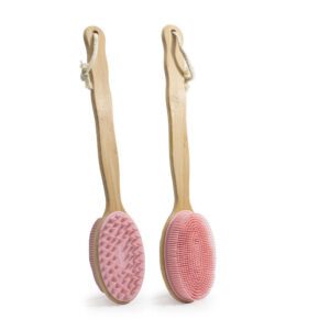 Double-sided shower brush with a long bamboo handle and soft silicone bristles for cleansing and massage.