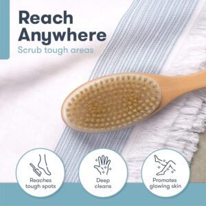 Shower brush with long handle made of wood and natural bristles, suitable for back and body cleansing.