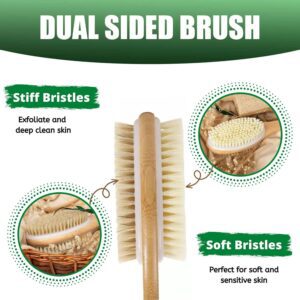 Shower brush with long handle made of wood and natural bristles, suitable for back and body cleansing.