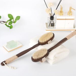 Natural bristle scrub brush with dark bamboo handle, featuring soft bristles and a strap for exfoliating and full-body cleansing.
