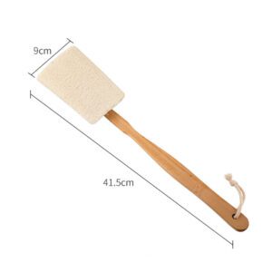 Exfoliating loofah sponge with long wooden handle, designed as a spa back scrubber for body cleansing.