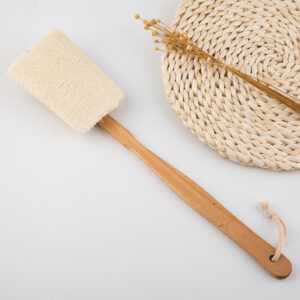 Exfoliating loofah sponge with long wooden handle, designed as a spa back scrubber for body cleansing.
