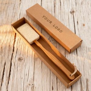 Exfoliating loofah sponge with long wooden handle, designed as a spa back scrubber for body cleansing.