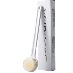 A white Jeygo long handle shower cleaning brush and clear holder packaging, featuring firm PP bristles for comprehensive body cleaning.