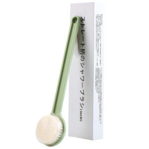 A white Jeygo long handle shower brush and clear holder packaging, featuring firm PP bristles for comprehensive body cleaning.