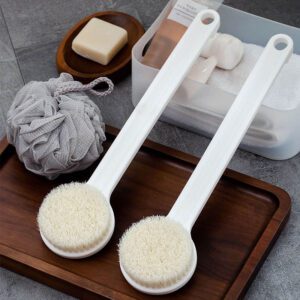 A white Jeygo long handle shower brush and clear holder packaging, featuring firm PP bristles for comprehensive body cleaning.