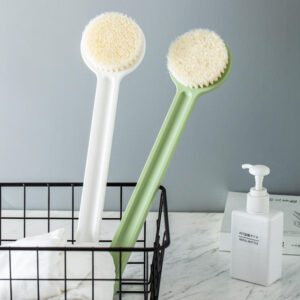 A white Jeygo long handle shower brush and clear holder packaging, featuring firm PP bristles for comprehensive body cleaning.
