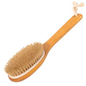 Long-handled body scrubber with natural bristles and wooden handle, designed for exfoliating and full-body bathing.