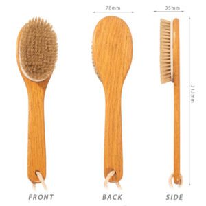 Long-handled body scrubber with natural bristles and wooden handle, designed for exfoliating and full-body bathing.