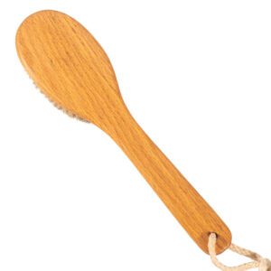 Long-handled body scrubber with natural bristles and wooden handle, designed for exfoliating and full-body bathing.