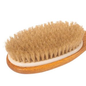 Long-handled body scrubber with natural bristles and wooden handle, designed for exfoliating and full-body bathing.