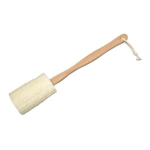 Loofah bath brush with long wooden handle and natural exfoliating loofah head for back cleansing.
