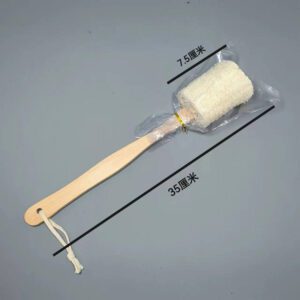 Loofah bath brush with long wooden handle and natural exfoliating loofah head for back cleansing.