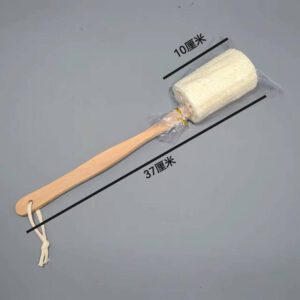 Loofah bath brush with long wooden handle and natural exfoliating loofah head for back cleansing.