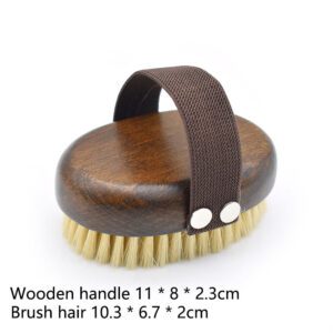 Wooden massage brush with boar bristle and hand strap, suitable for wet and dry use as a shower brush.
