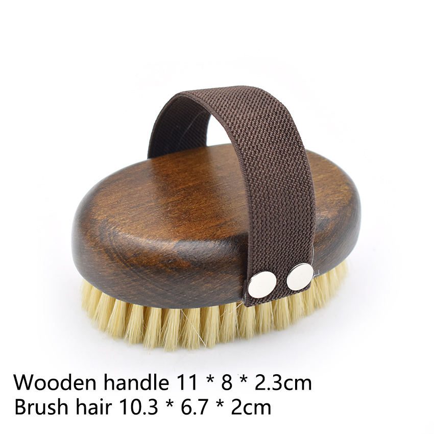 Wooden massage brush with boar bristle and hand strap, suitable for wet and dry use as a shower brush.