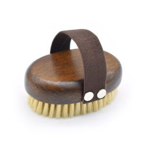 Wooden massage brush with boar bristle and hand strap, suitable for wet and dry use as a shower brush.