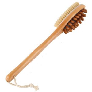 Natural bristle scrub brush with a long wooden handle and dual-side design, suitable for exfoliating as a natural scrub brush.