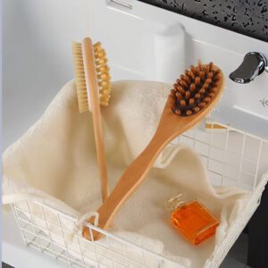 Natural bristle scrub brush with a long wooden handle and dual-side design, suitable for exfoliating as a natural scrub brush.