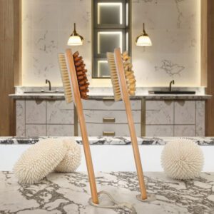 Natural bristle scrub brush with a long wooden handle and dual-side design, suitable for exfoliating as a natural scrub brush.