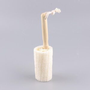 Natural exfoliating loofah sponge with wooden handle, designed as a body wash brush for gentle skin exfoliation.