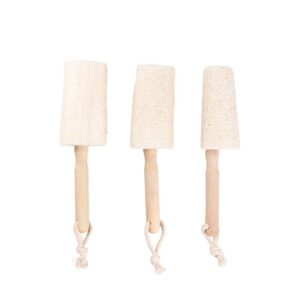 Natural exfoliating loofah sponge with wooden handle, designed as a body wash brush for gentle skin exfoliation.