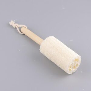 Natural exfoliating loofah sponge with wooden handle, designed as a body wash brush for gentle skin exfoliation.
