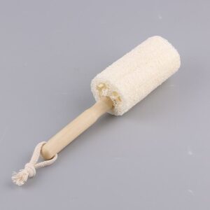Natural exfoliating loofah sponge with wooden handle, designed as a body wash brush for gentle skin exfoliation.