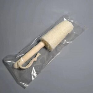 Natural exfoliating loofah sponge with wooden handle, designed as a body wash brush for gentle skin exfoliation.