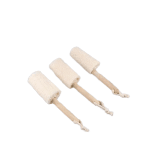 Natural exfoliating loofah sponge with wooden handle, designed as a body wash brush for gentle skin exfoliation.