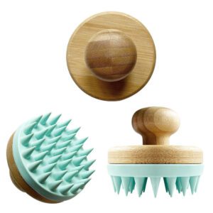 Scalp massager shampoo massage brush with bamboo handle and silicone tips for wet and dry use.