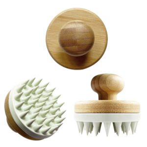 Scalp massager shampoo massage brush with bamboo handle and silicone tips for wet and dry use.