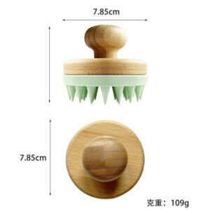 Scalp massager shampoo massage brush with bamboo handle and silicone tips for wet and dry use.